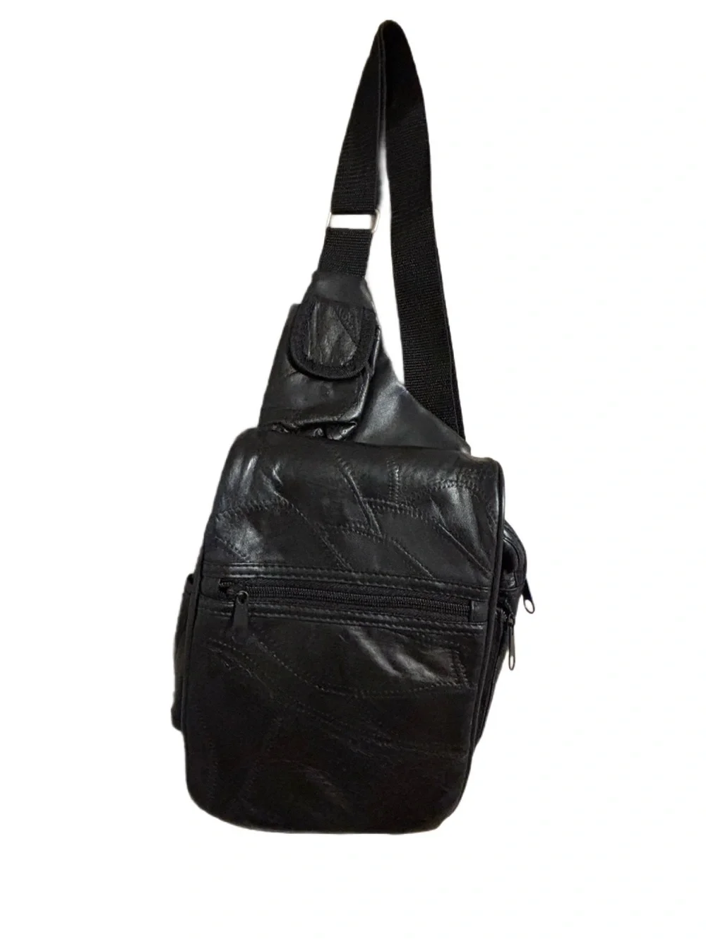 Y2K “Man Bag” Black Leather Crossbody Sling Patchwork With Several Pockets 10x10